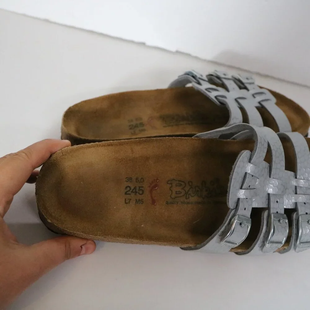Birkenstock Birki's Xenia 3 Strap Slip On Sandals Womens 38 7 7.5 Silver Slide